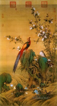 鳥 Painting - 春の古い墨に輝くラング鳥 ジュゼッペ・カスティリオーネの鳥